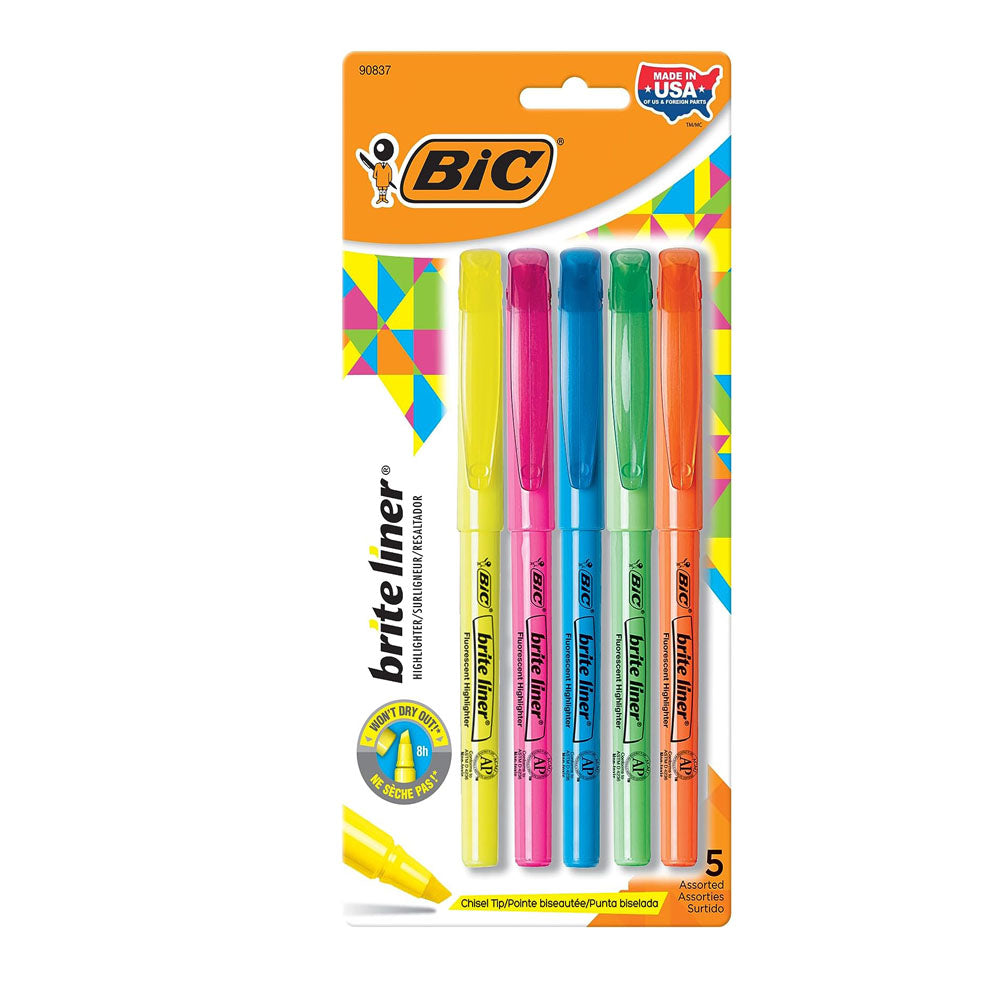 BIC Brite Liner Highlighters, Chisel Tip, 5-Count